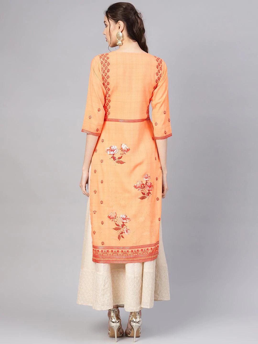 Orange Printed Rayon Kurta