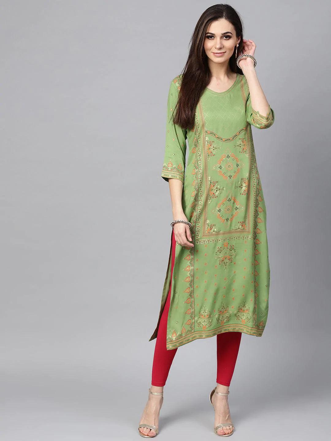 Green Printed Rayon Kurta