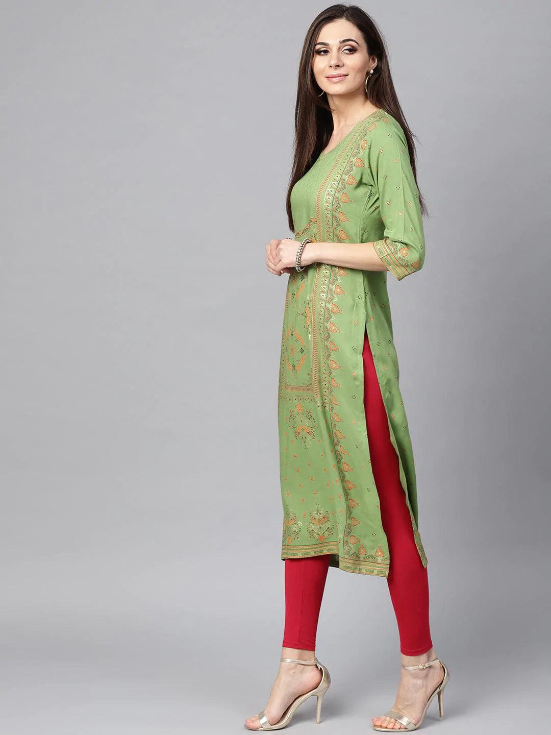 Green Printed Rayon Kurta