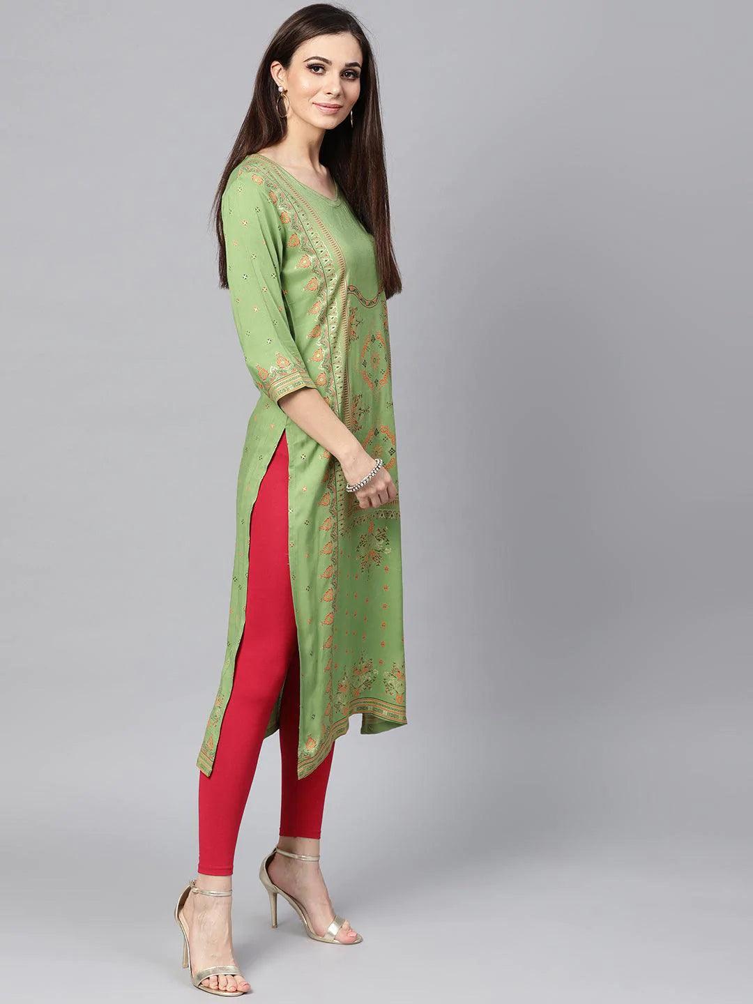 Green Printed Rayon Kurta