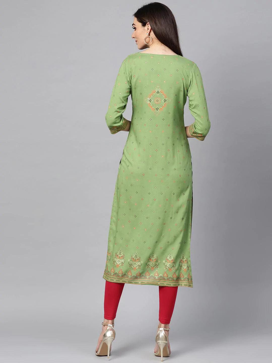 Green Printed Rayon Kurta