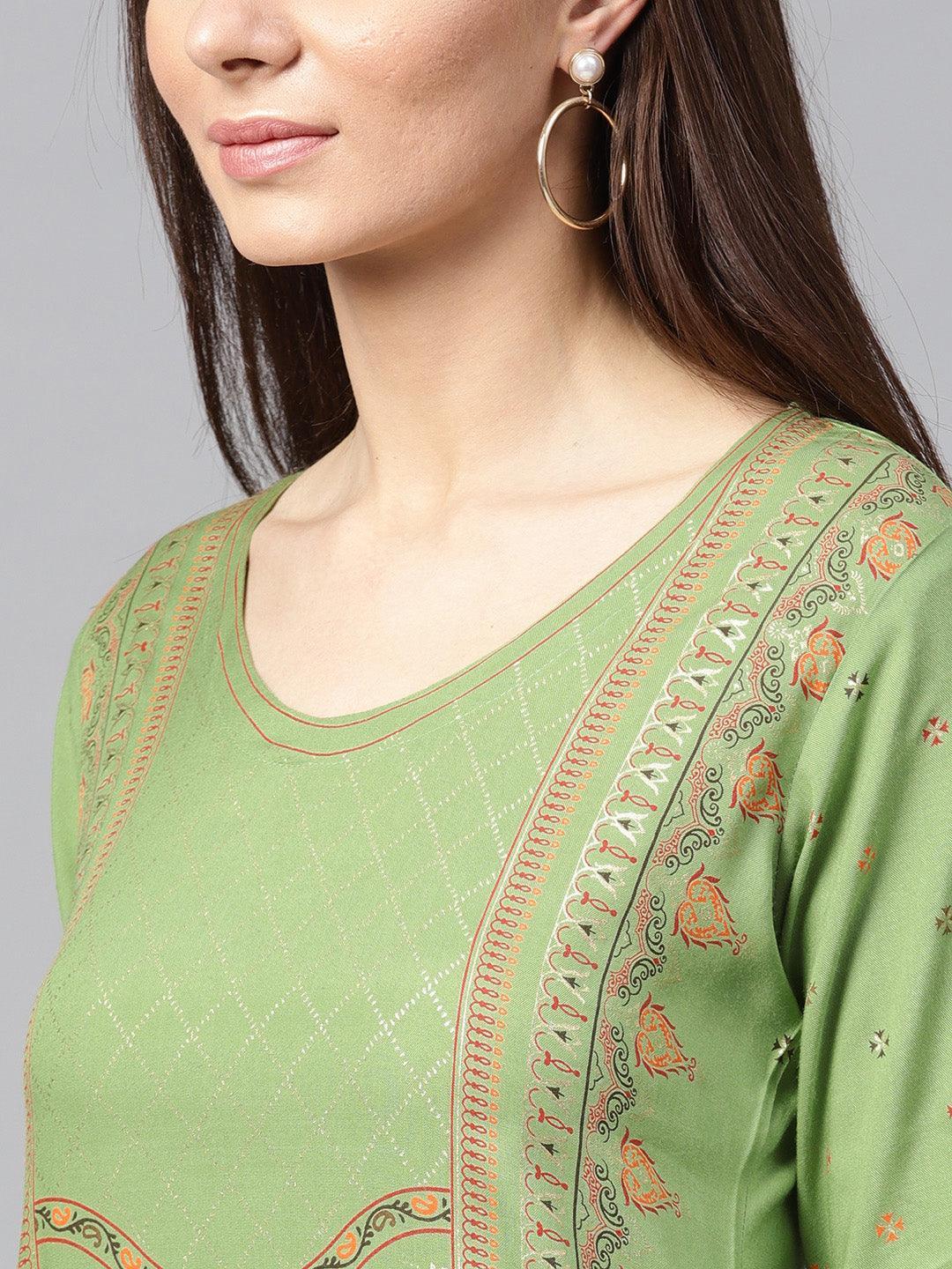 Green Printed Rayon Kurta