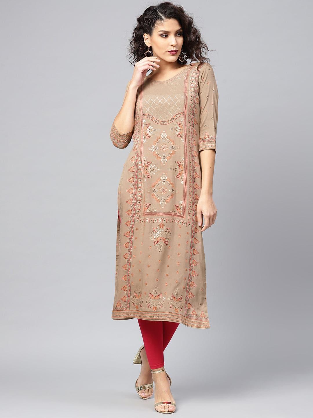 Beige Printed Rayon Kurta