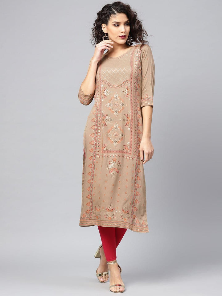 Beige Printed Rayon Kurta - ShopLibas