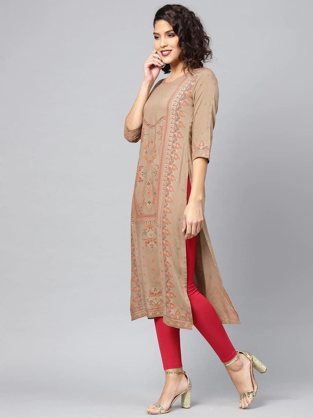 Beige Printed Rayon Kurta