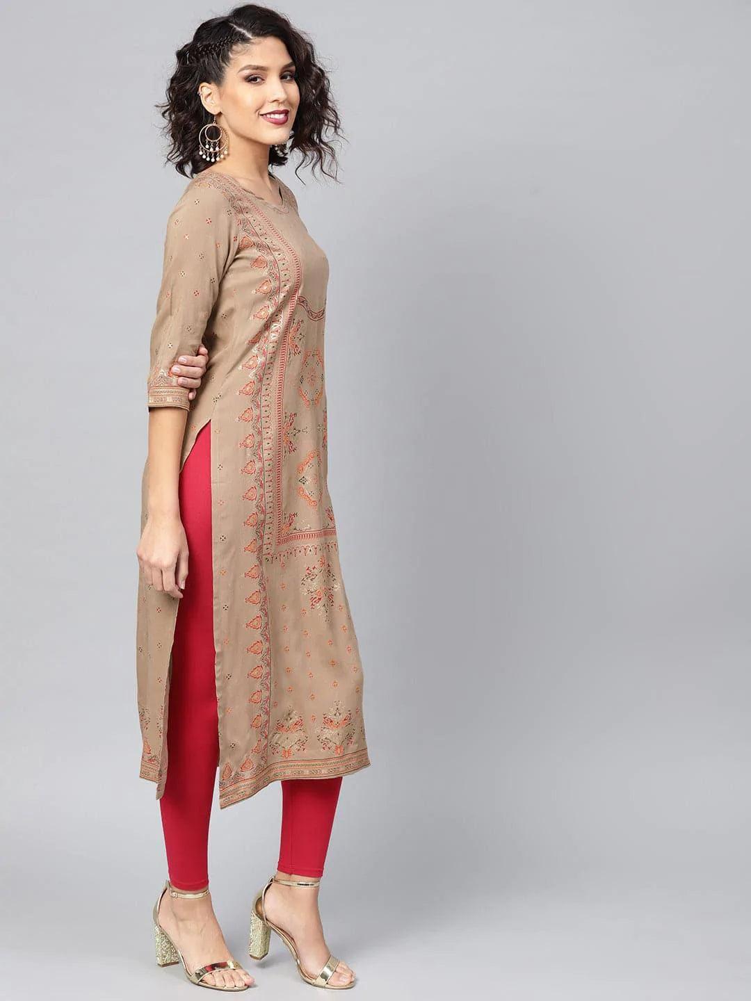 Beige Printed Rayon Kurta