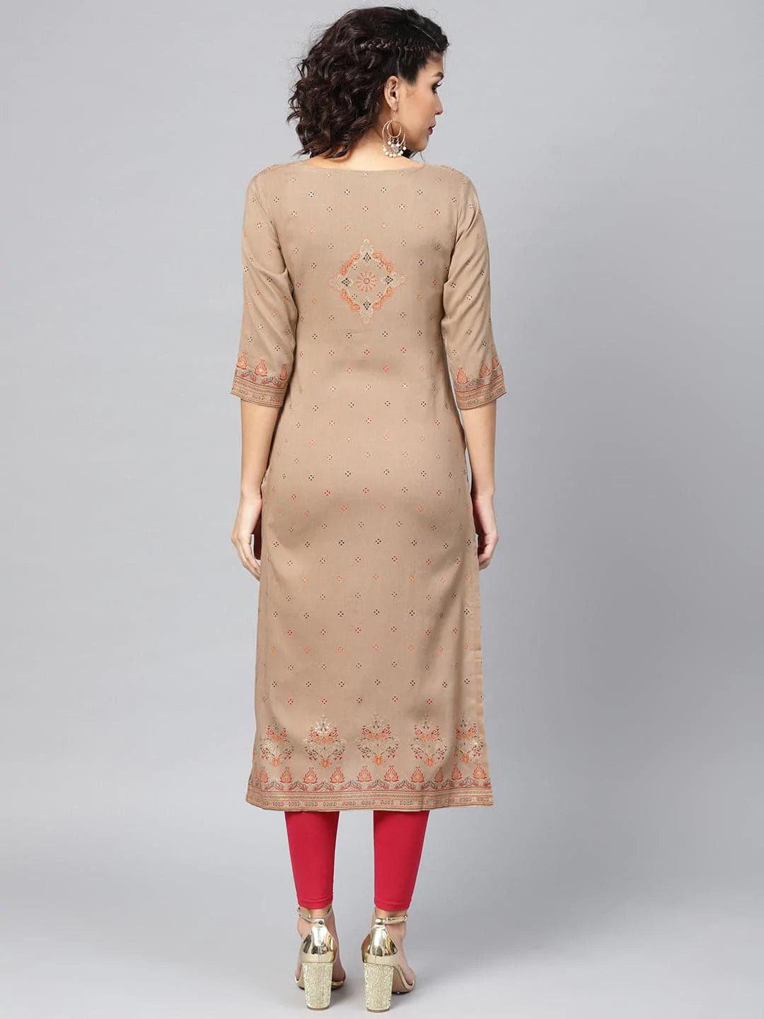 Beige Printed Rayon Kurta