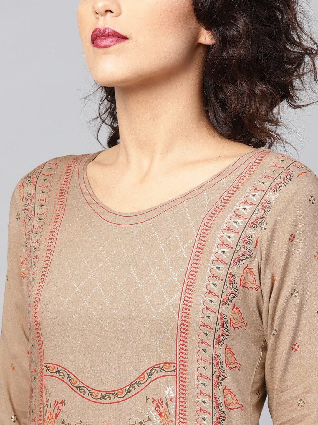 Beige Printed Rayon Kurta - ShopLibas