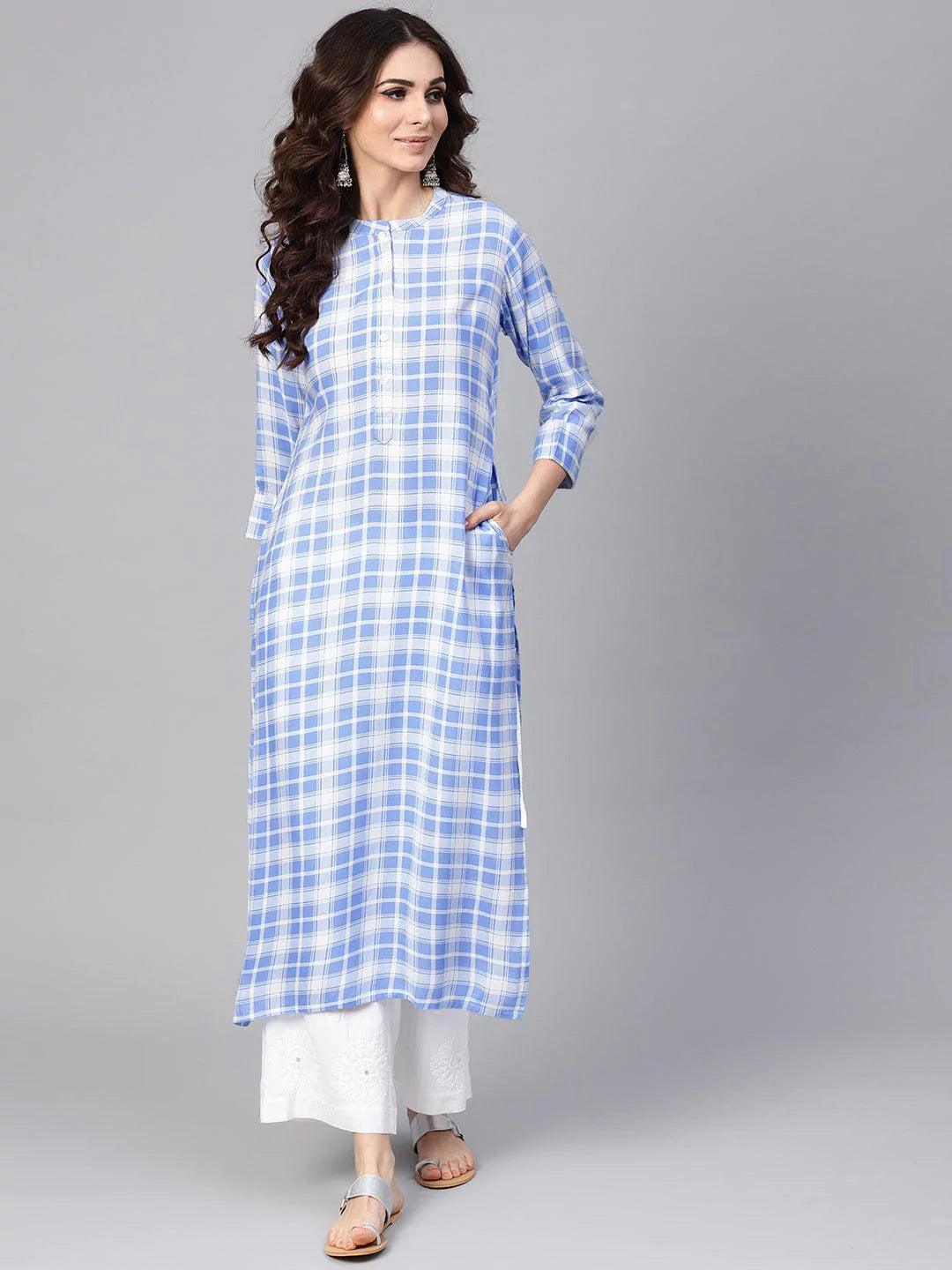 Blue Checkered Rayon Kurta