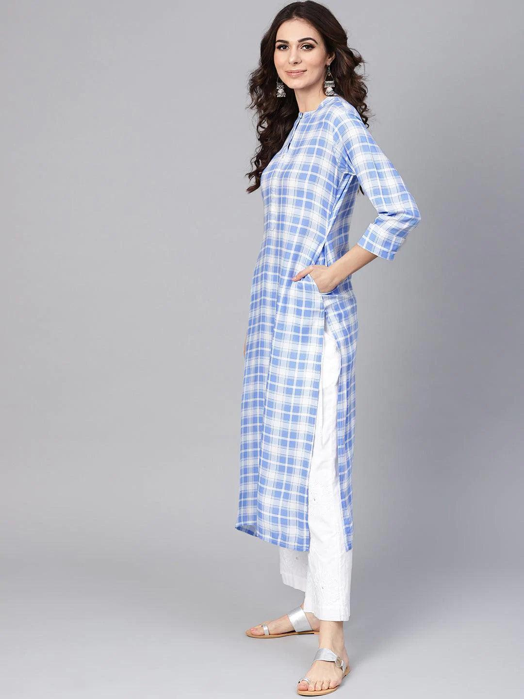 Blue Checkered Rayon Kurta