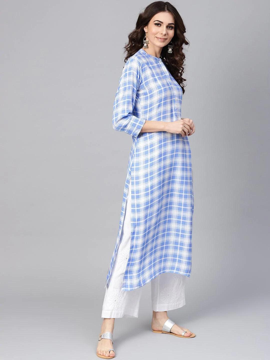 Blue Checkered Rayon Kurta