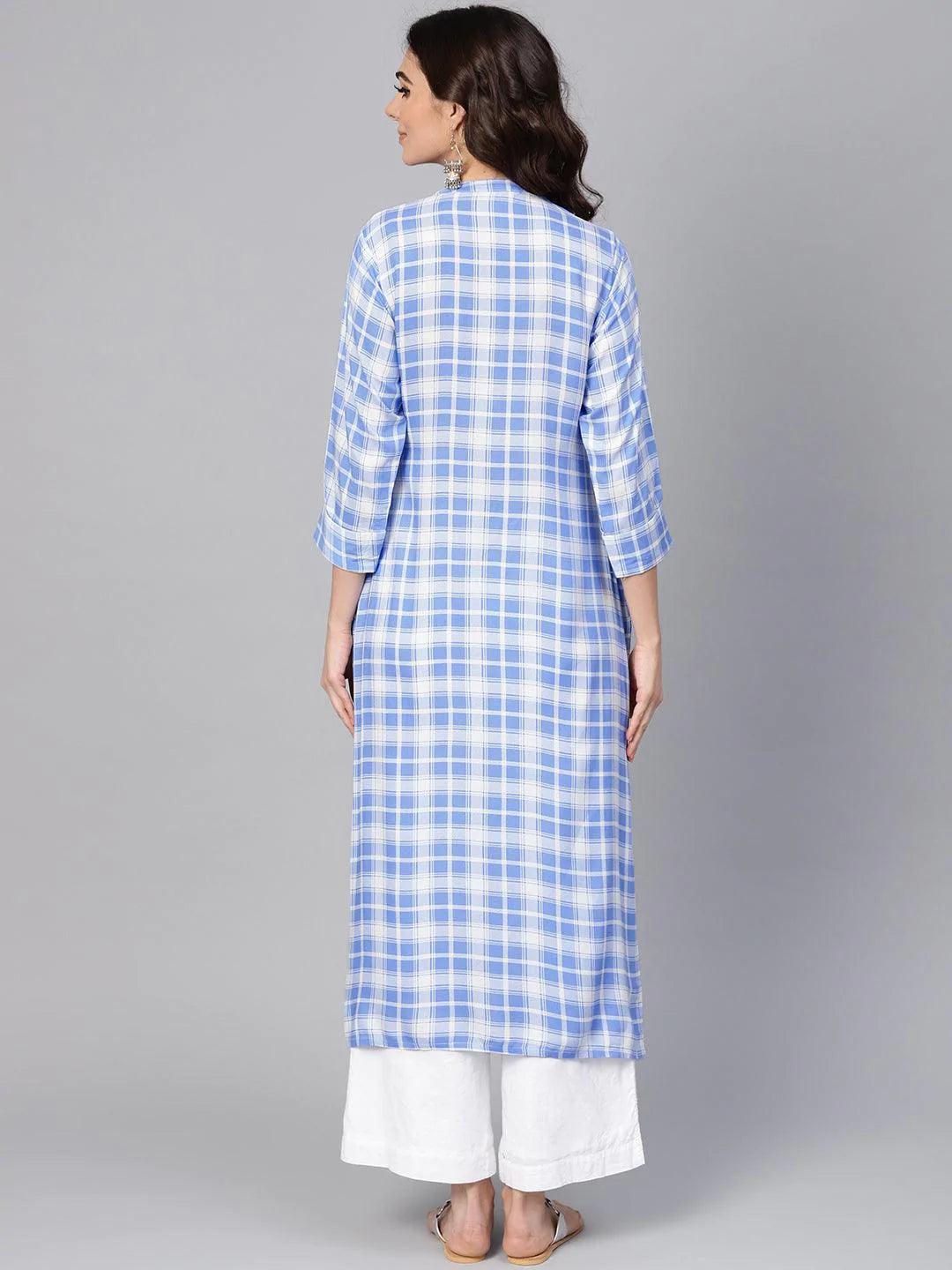 Blue Checkered Rayon Kurta