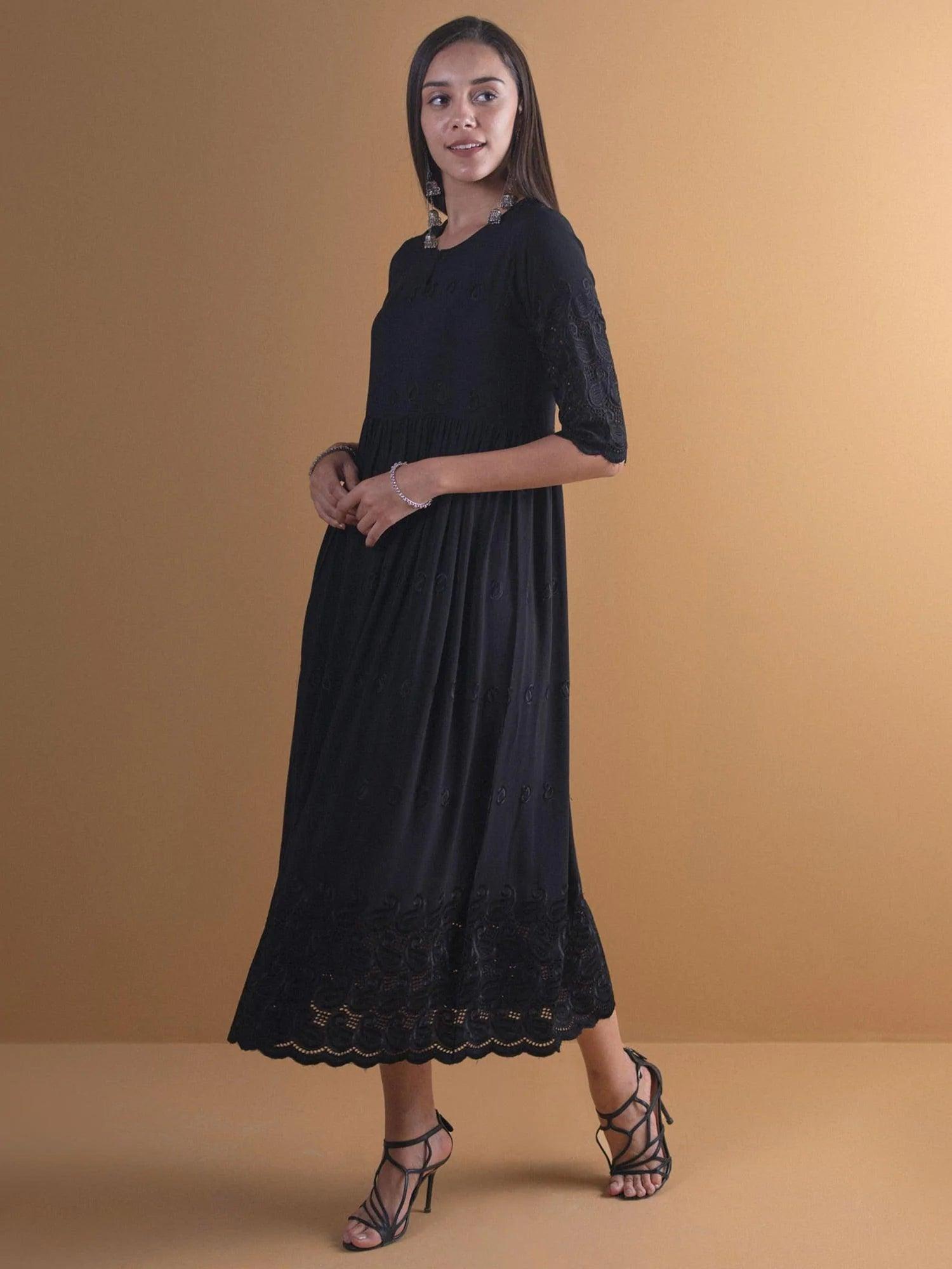 Black Schiffli Rayon Dress