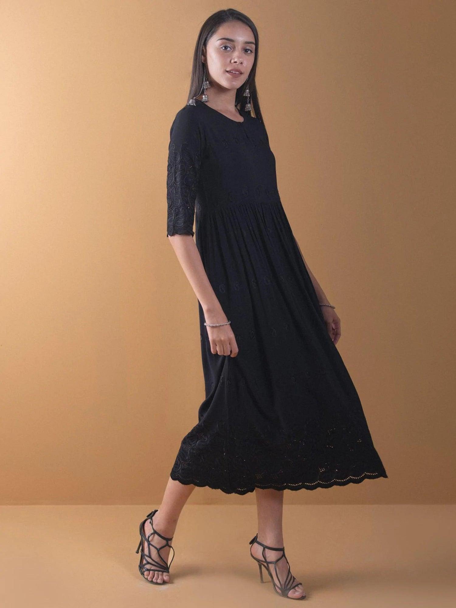 Black Schiffli Rayon Dress