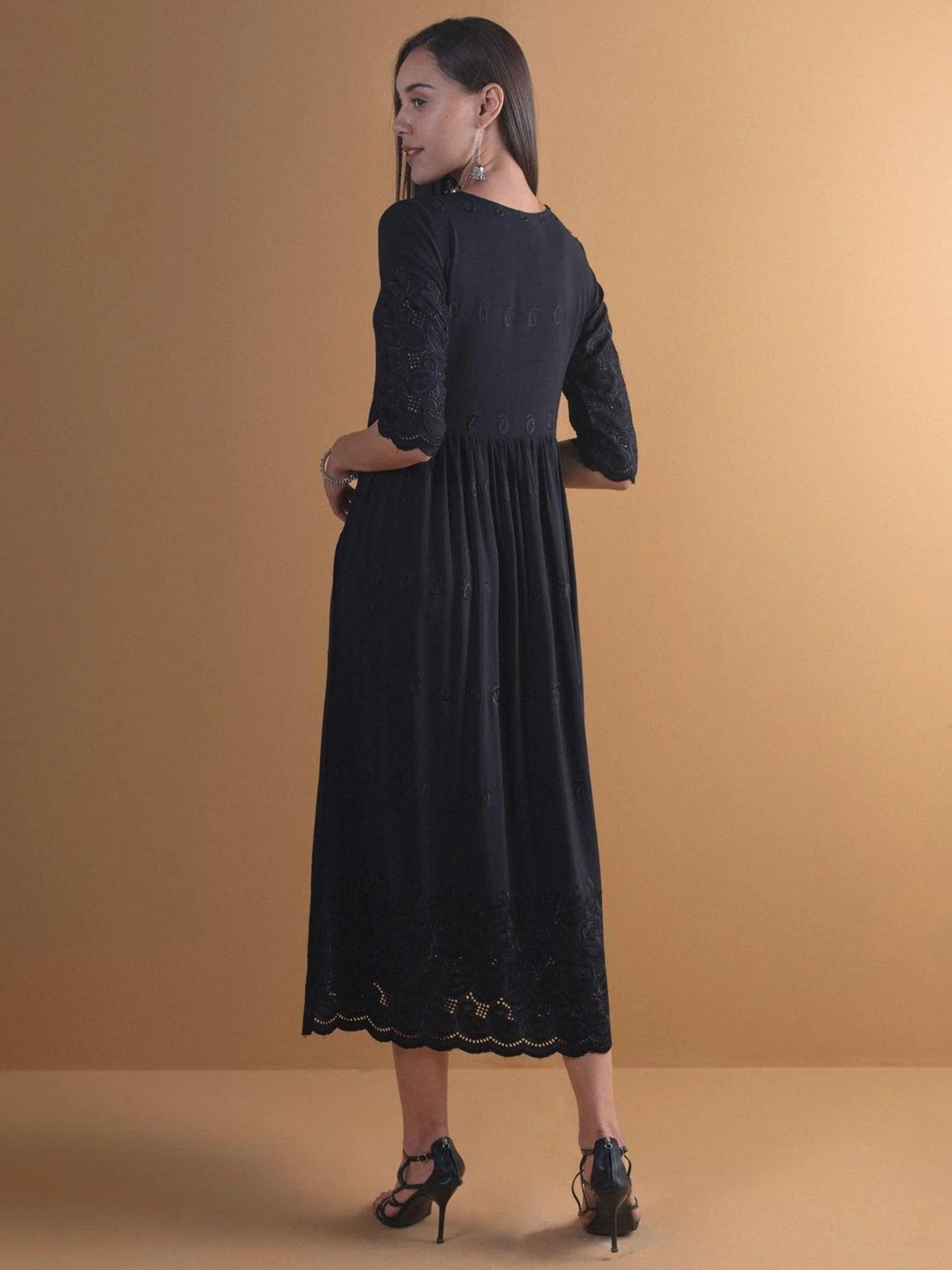 Black Schiffli Rayon Dress