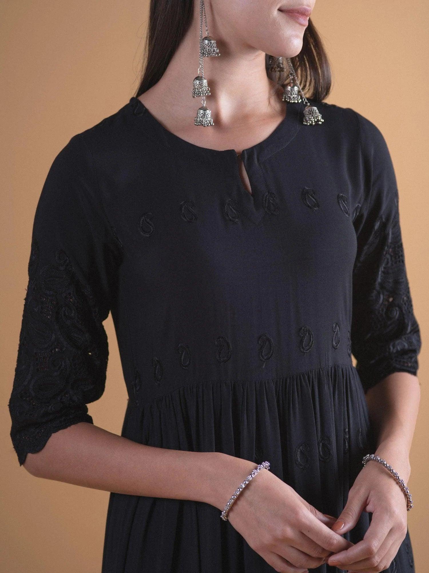 Black Schiffli Rayon Dress