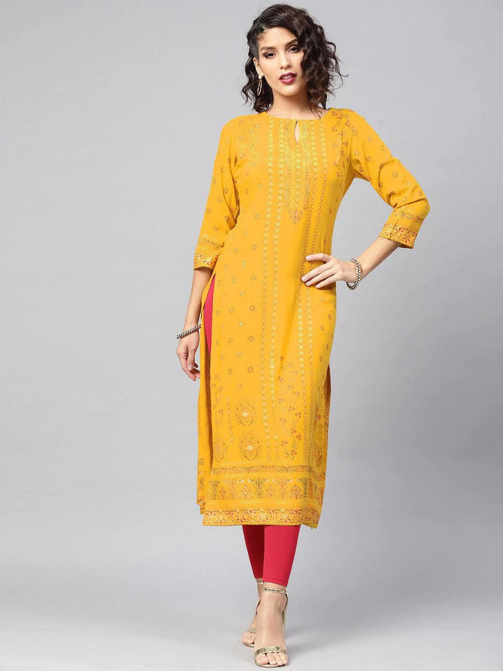 Yellow Printed Rayon Kurta - ShopLibas