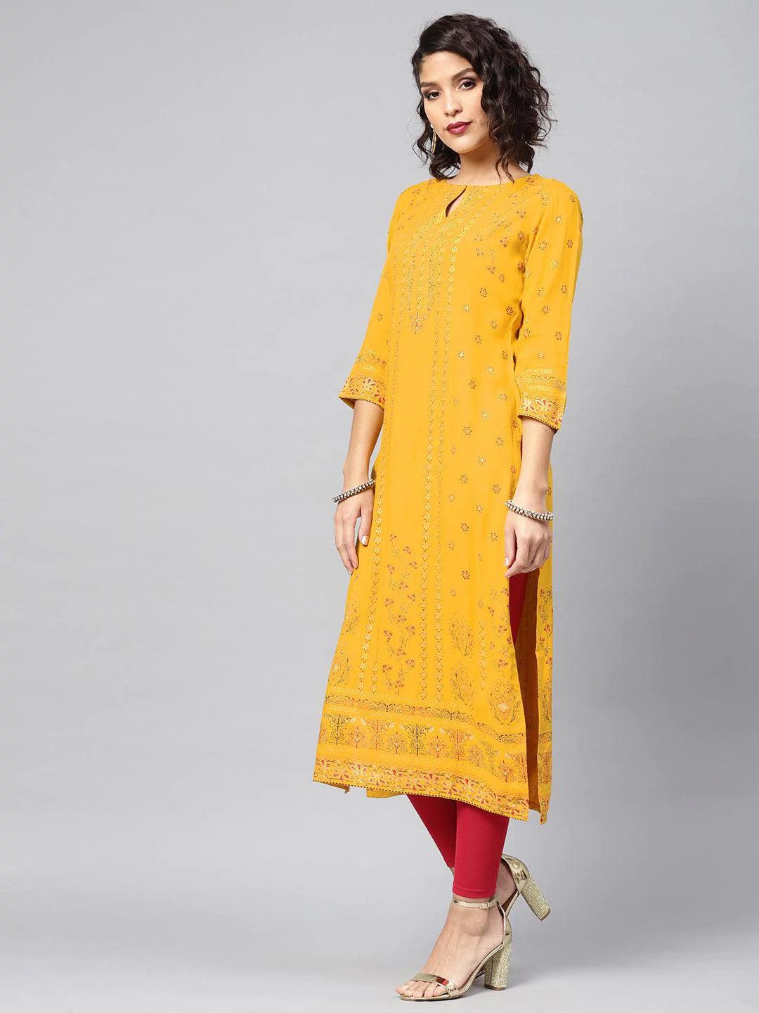 Yellow Printed Rayon Kurta - ShopLibas