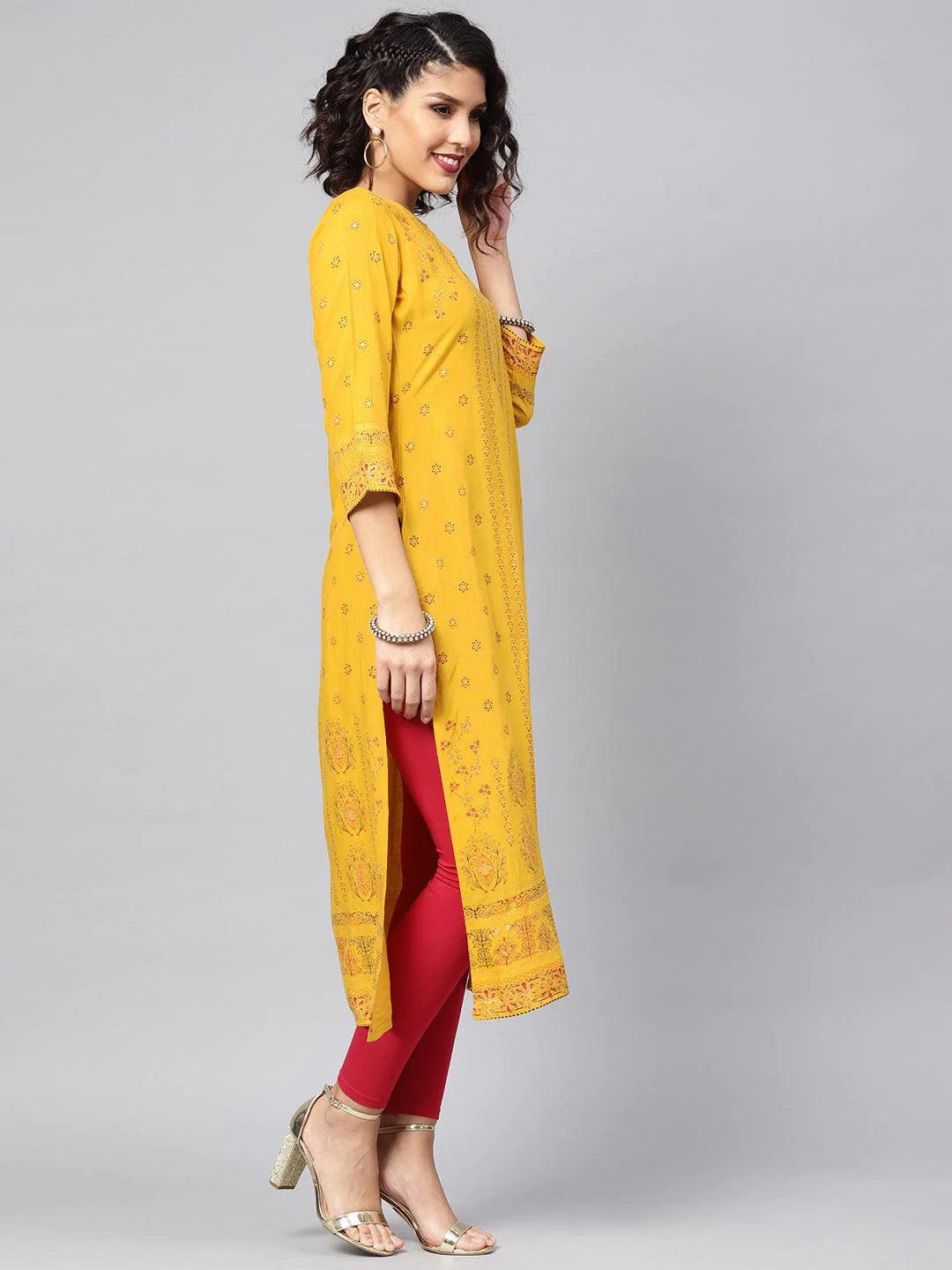 Yellow Printed Rayon Kurta - ShopLibas