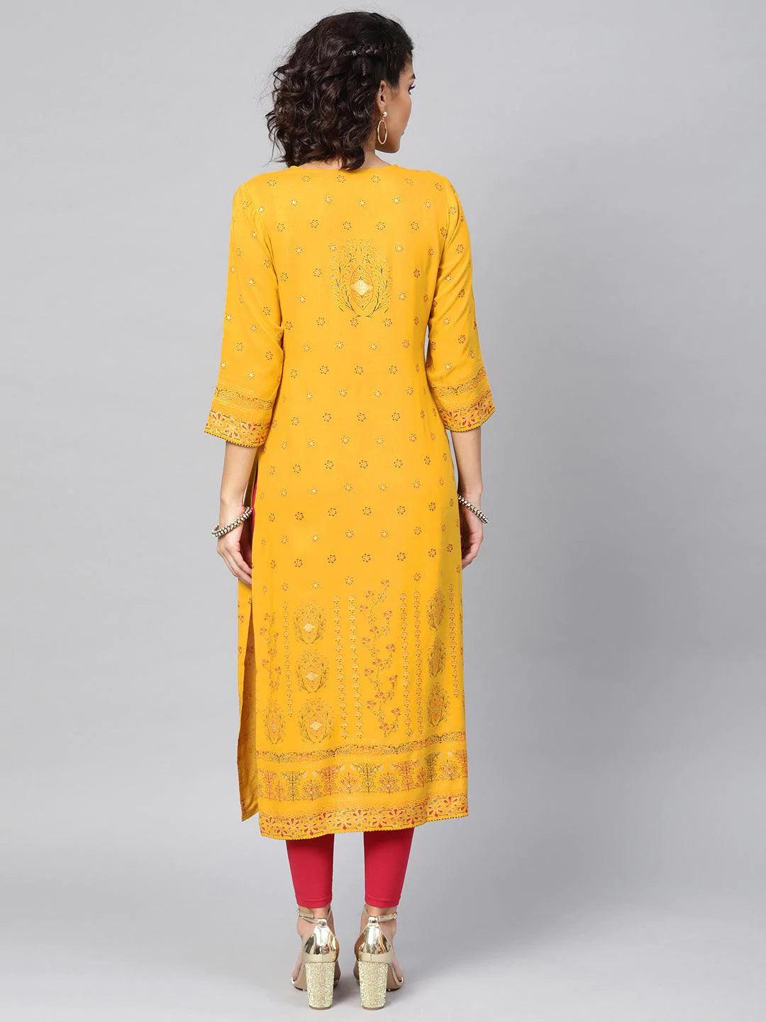 Yellow Printed Rayon Kurta - ShopLibas