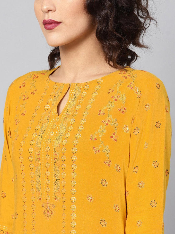 Yellow Printed Rayon Kurta - ShopLibas