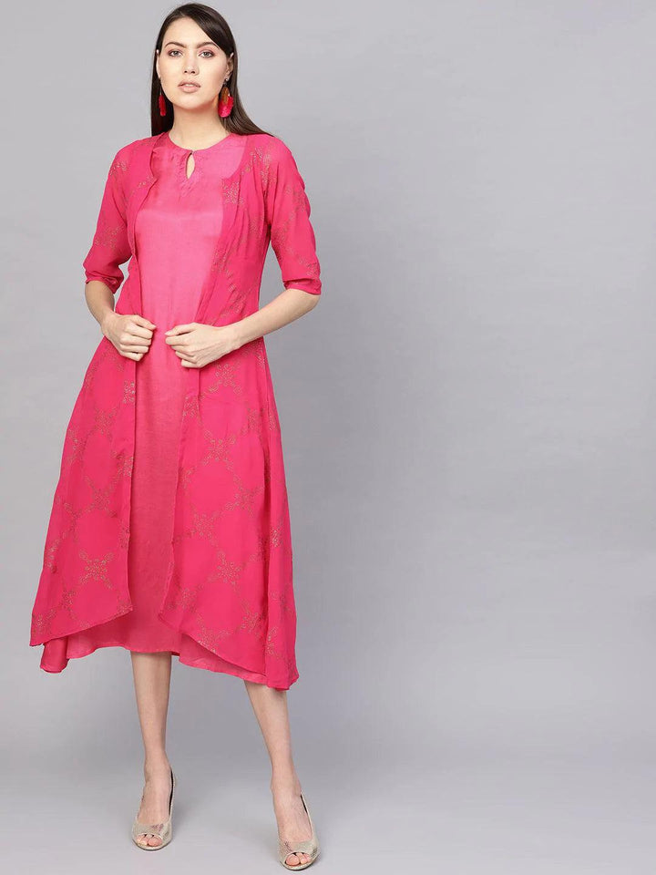 Pink Printed Polyester Dress With Jacket - ShopLibas