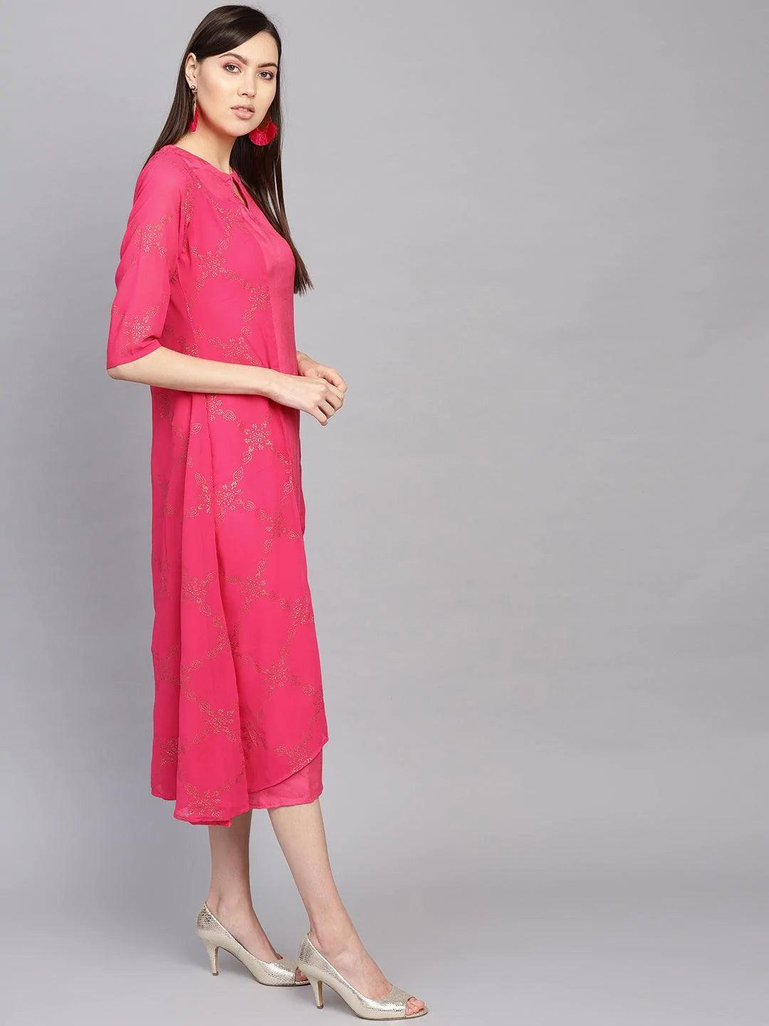 Pink Printed Polyester Dress With Jacket - ShopLibas