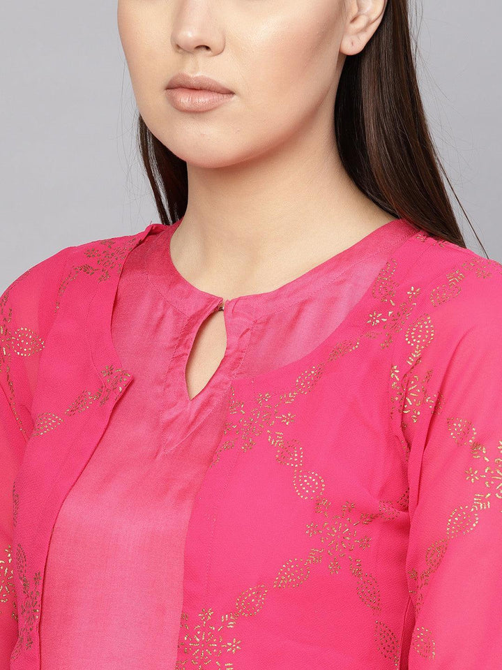 Pink Printed Polyester Dress With Jacket - ShopLibas