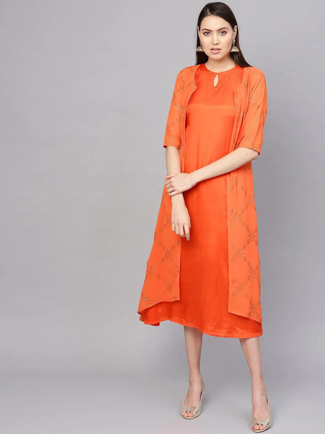 Orange Printed Polyester Dress With Jacket