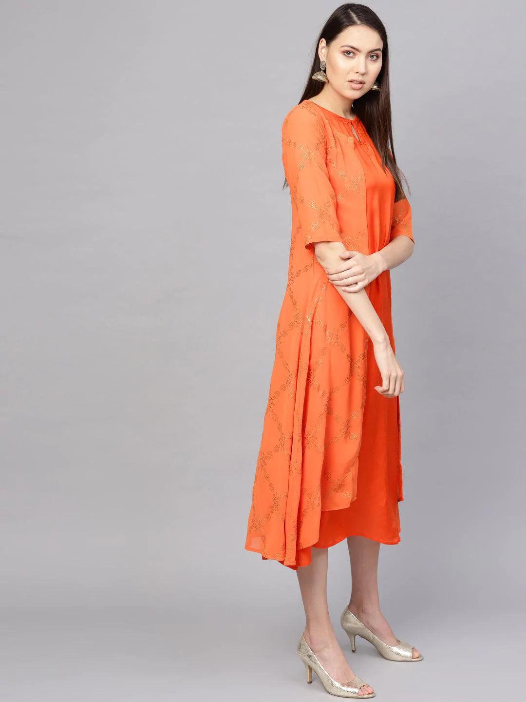 Orange Printed Polyester Dress With Jacket