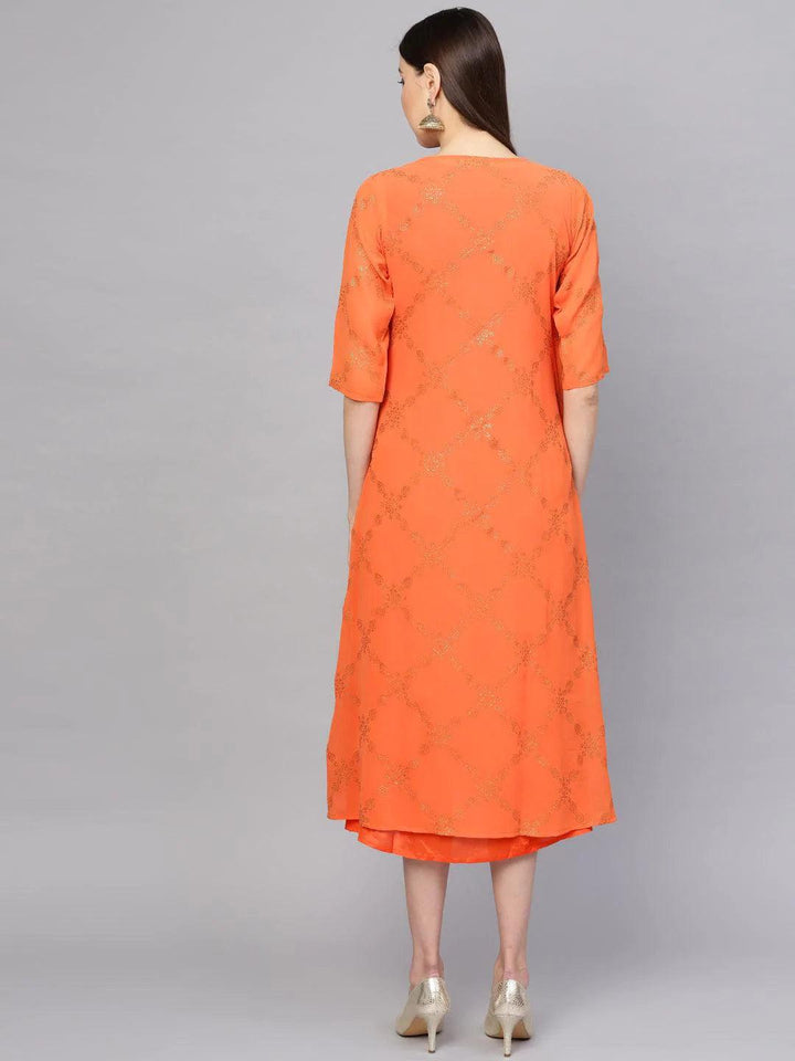 Orange Printed Polyester Dress With Jacket - ShopLibas