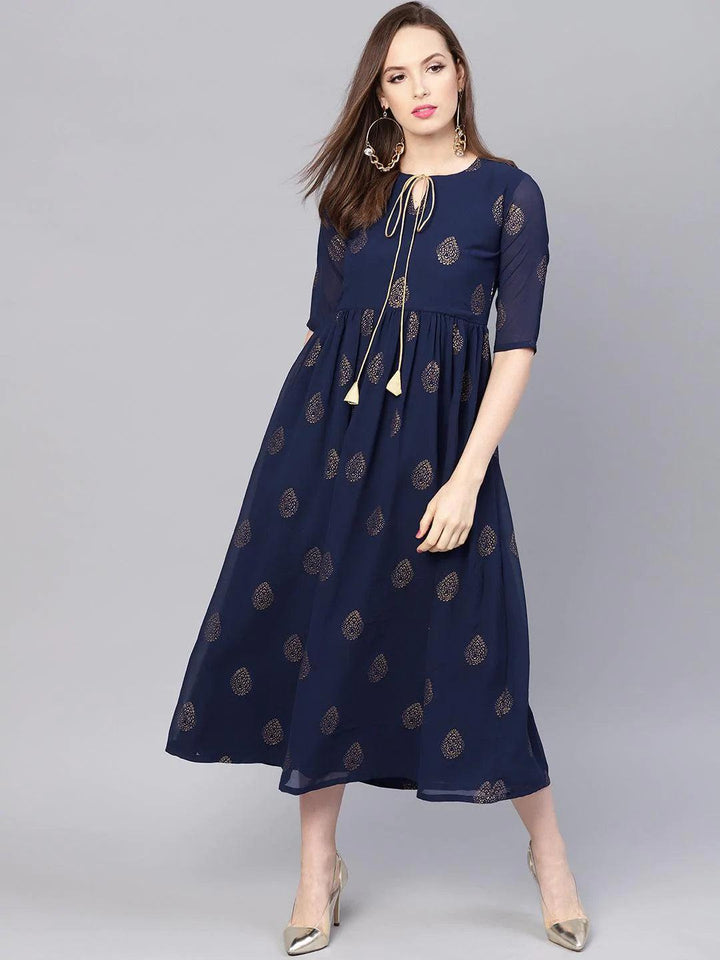 Blue Printed Polyester Dress - ShopLibas