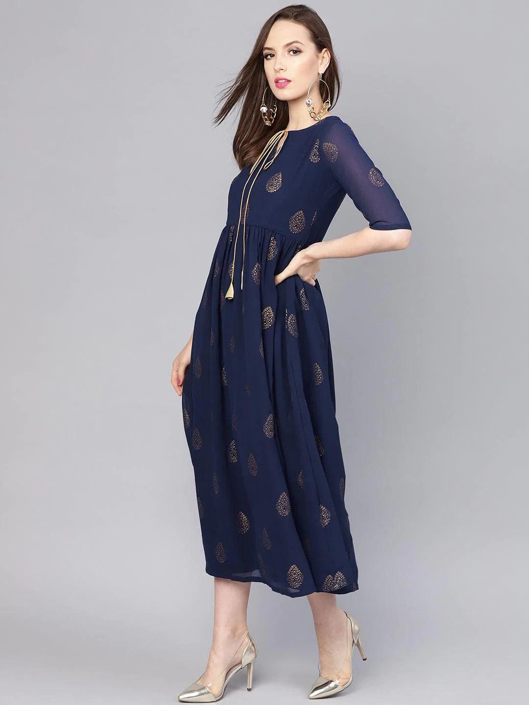 Blue Printed Polyester Dress - ShopLibas