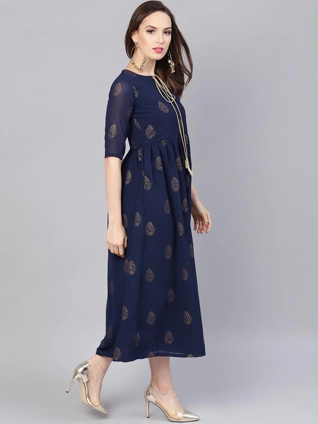 Blue Printed Polyester Dress - ShopLibas