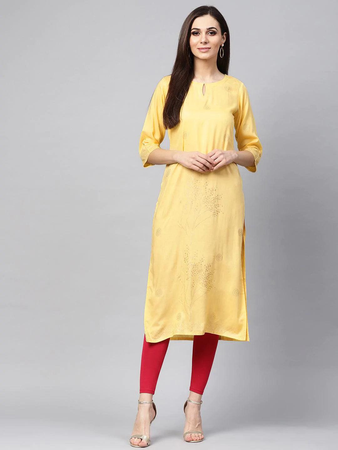 Yellow Printed Rayon Kurta - ShopLibas