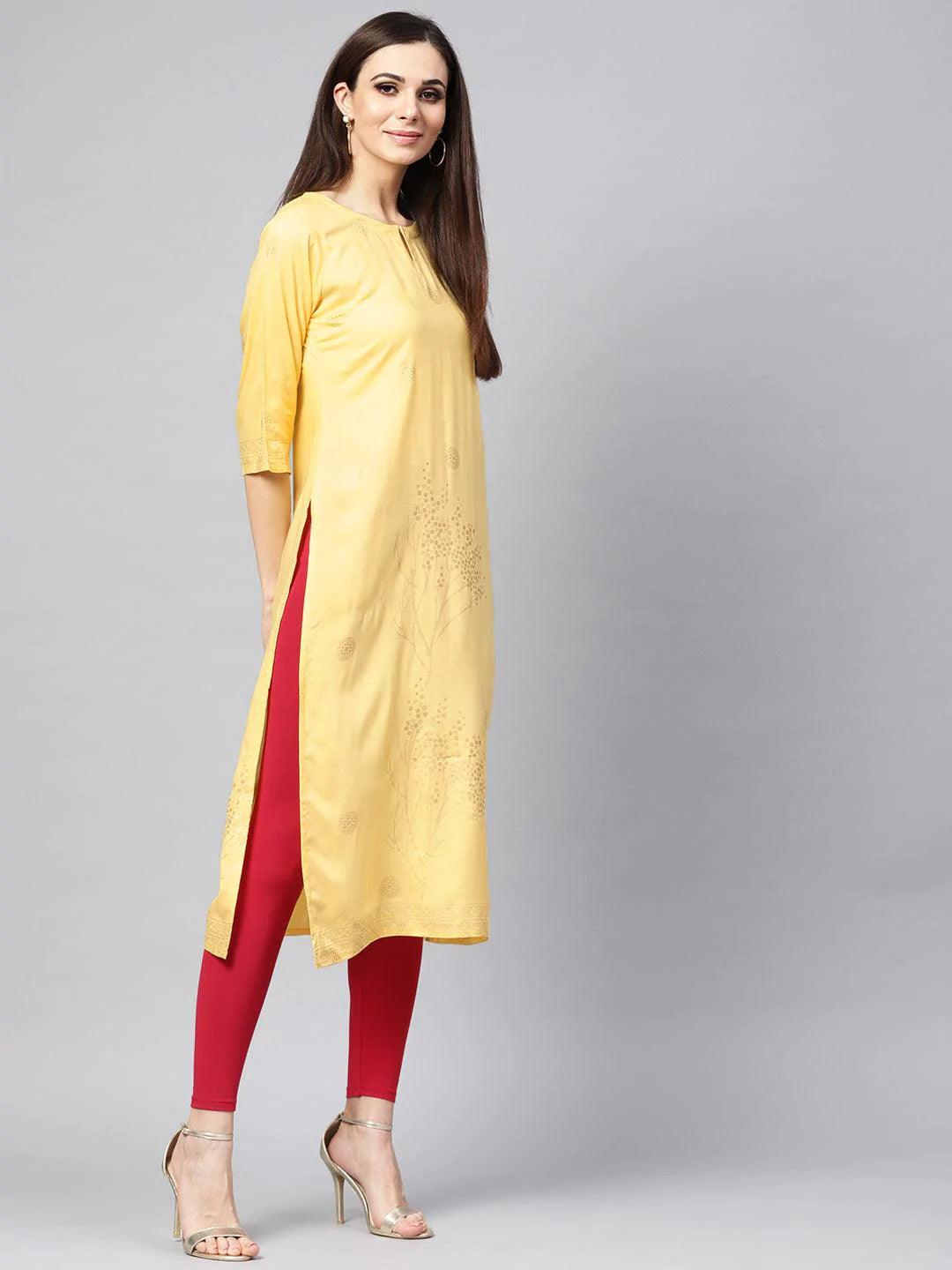 Yellow Printed Rayon Kurta - ShopLibas