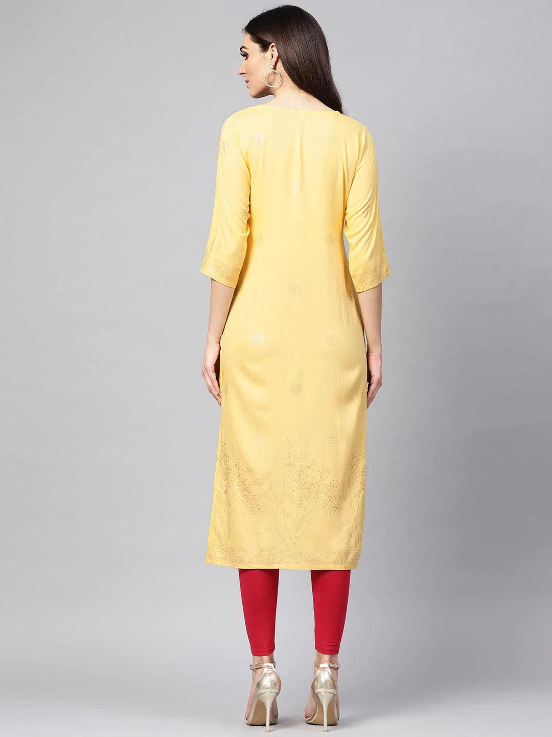 Yellow Printed Rayon Kurta - ShopLibas