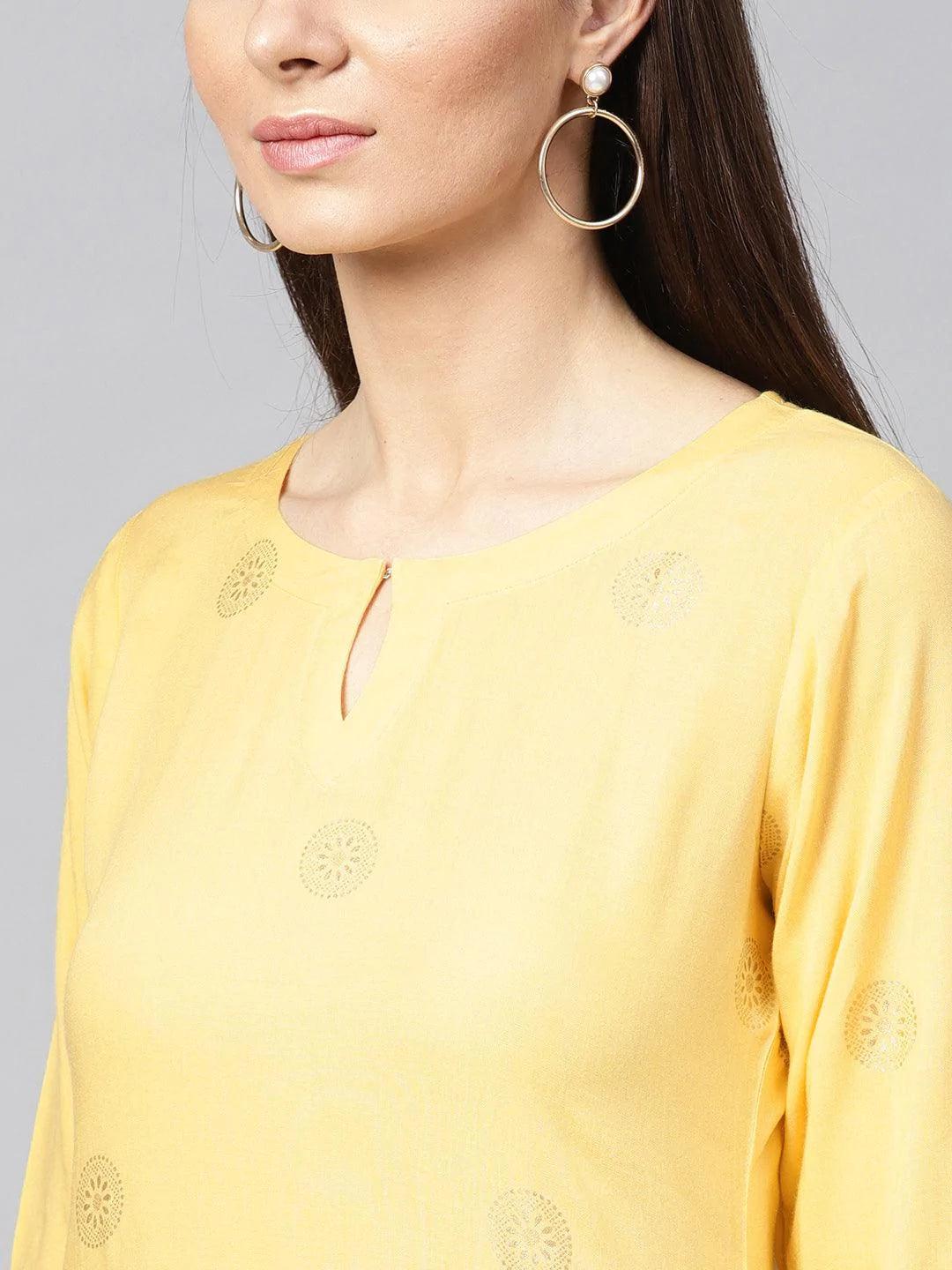 Yellow Printed Rayon Kurta - ShopLibas