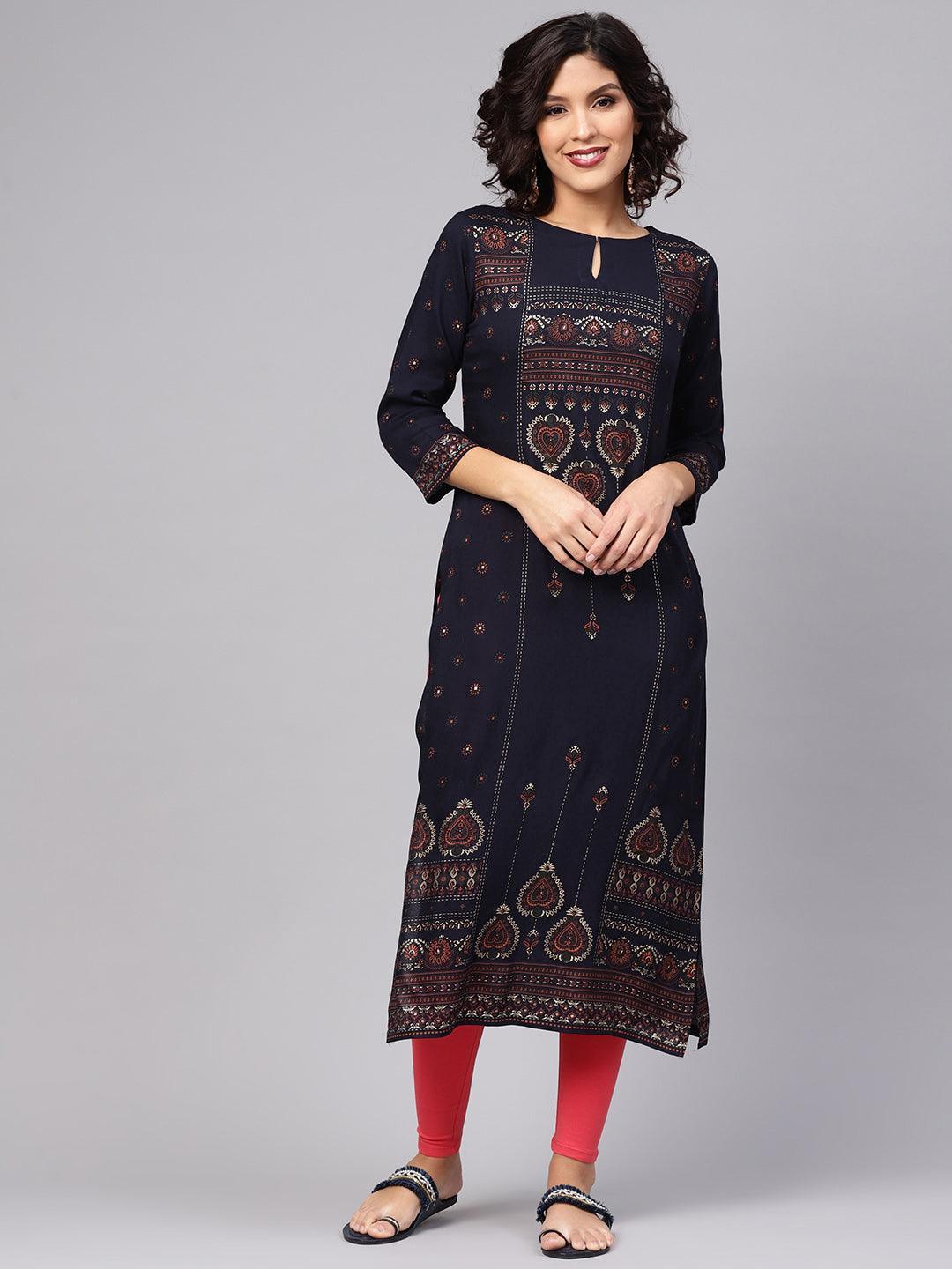 Blue Printed Rayon Kurta - ShopLibas