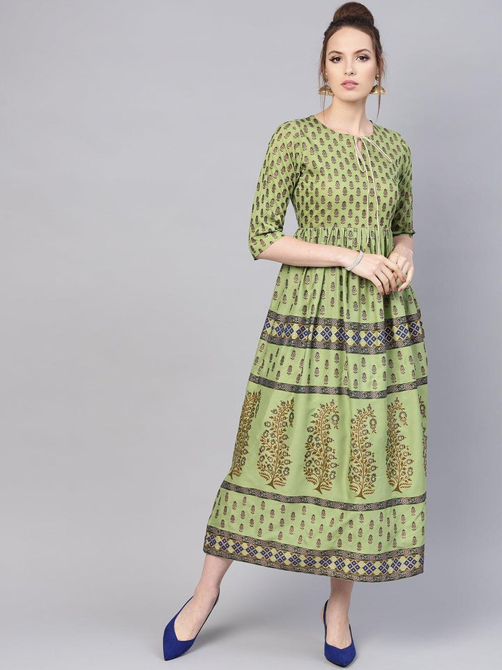 Green Printed Cotton Dress - ShopLibas