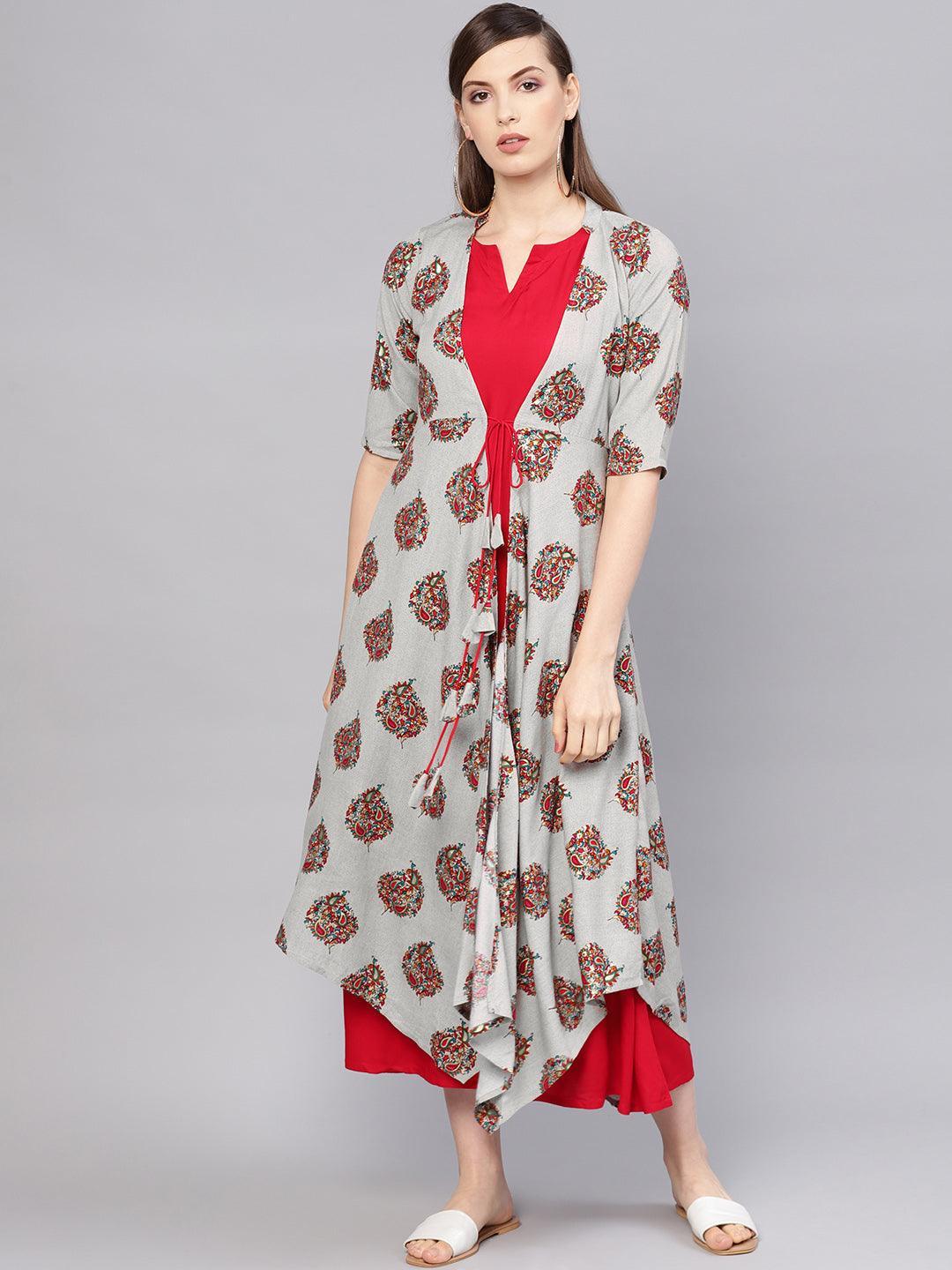 Red Printed Rayon Dress With Jacket - ShopLibas