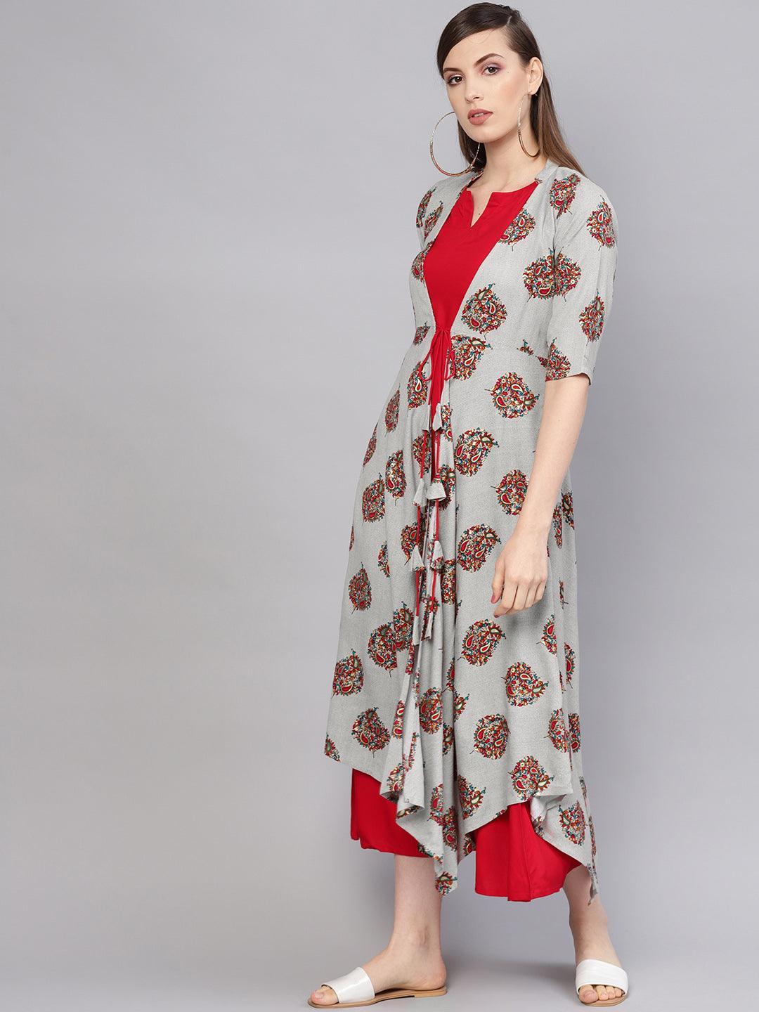 Red Printed Rayon Dress With Jacket