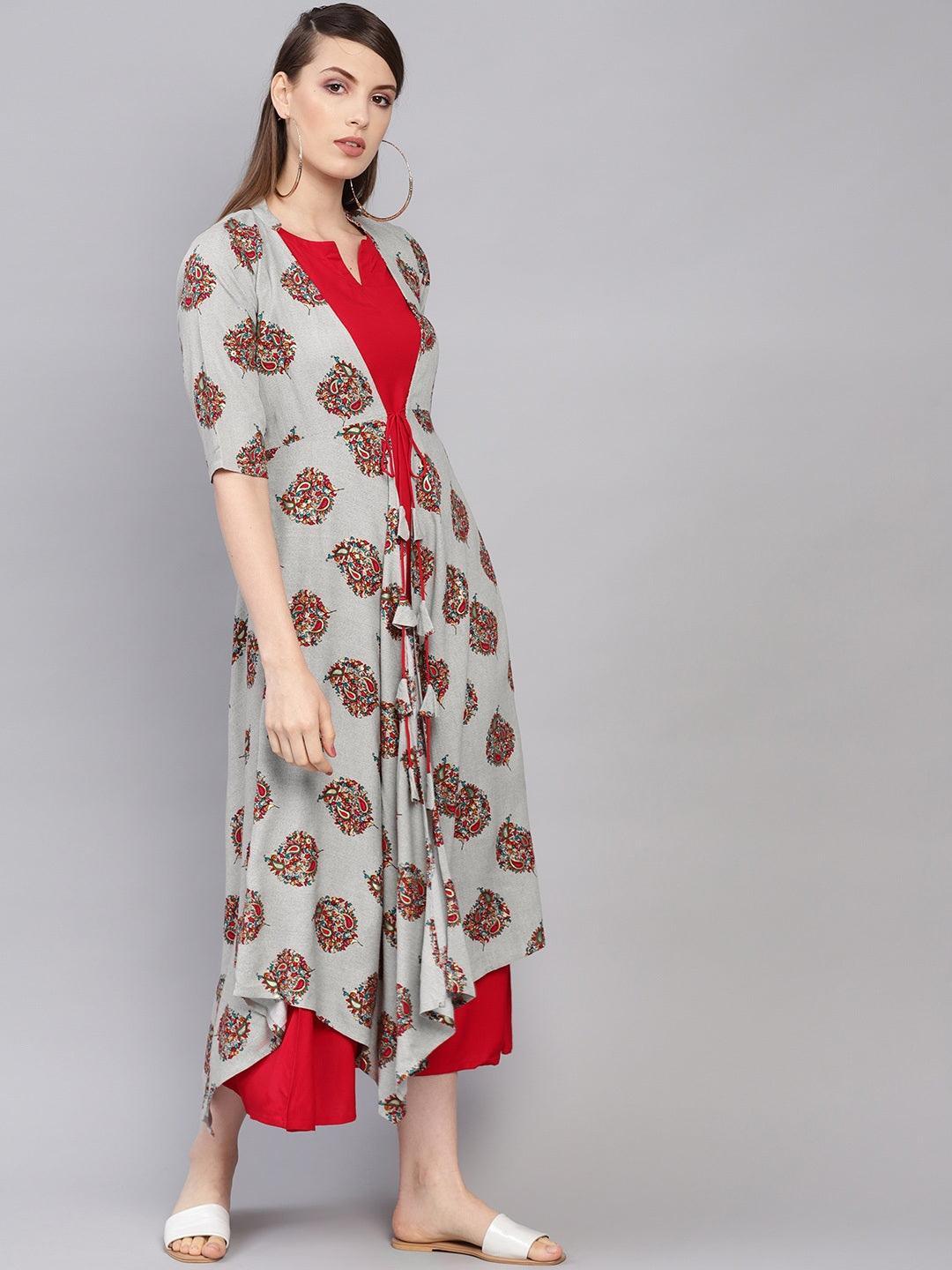 Red Printed Rayon Dress With Jacket