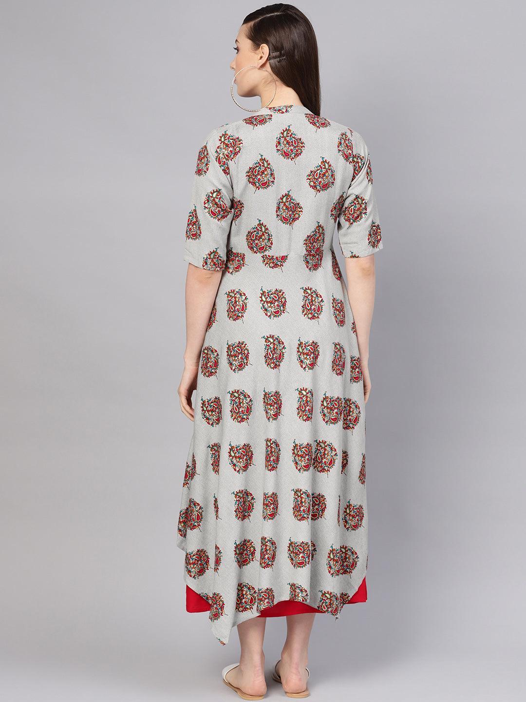 Red Printed Rayon Dress With Jacket - ShopLibas