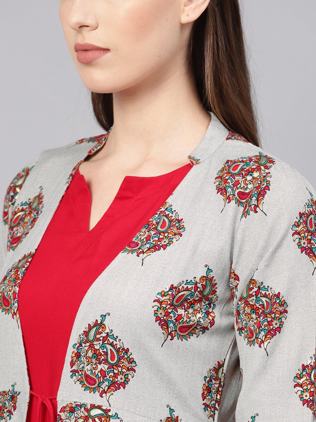 Red Printed Rayon Dress With Jacket