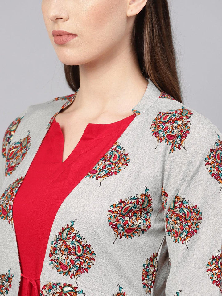 Red Printed Rayon Dress With Jacket - ShopLibas