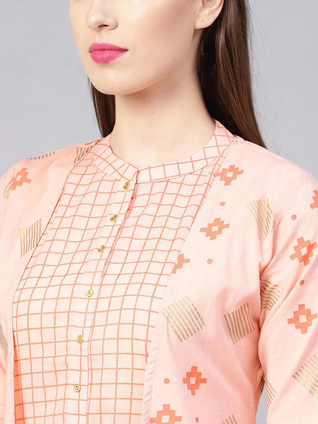 Pink Printed Cotton Dress With Jacket