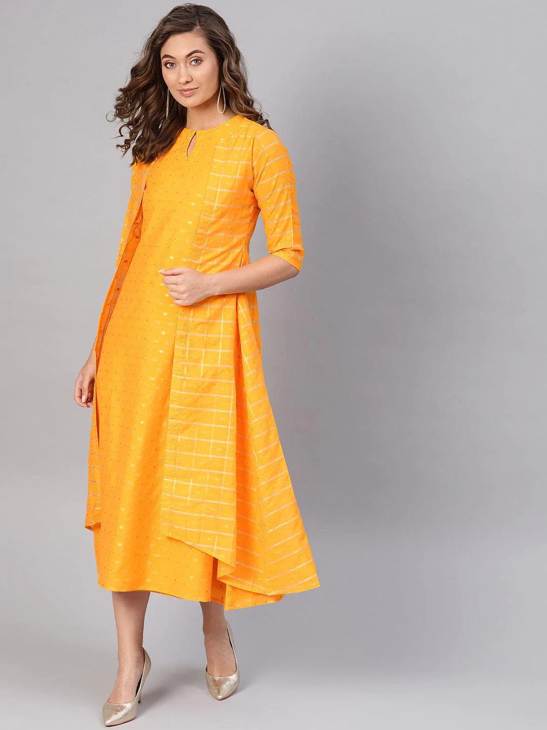 Yellow Self Design Chanderi Dress With Jacket