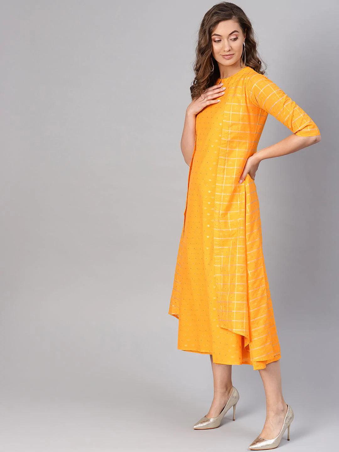 Yellow Self Design Chanderi Dress With Jacket