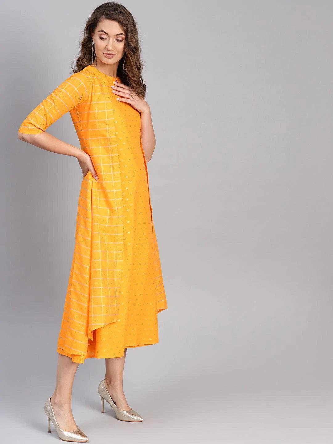 Yellow Self Design Chanderi Dress With Jacket